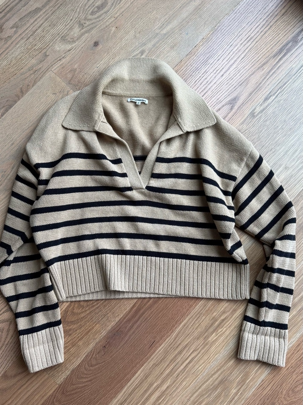 Reformation Cropped Collared Stripe Sweater - Beige/Black